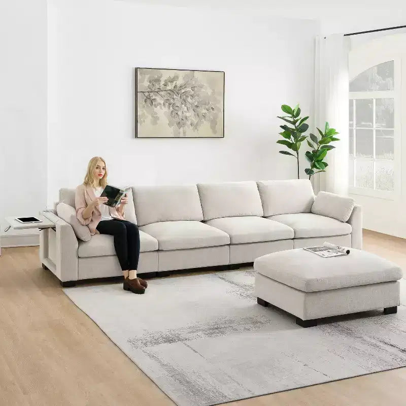 GDFStudio Lucas Canapé sectionnel modulaire en chenille en forme de L 130 avec pouf, RECHARGE DOUBLE PORT et table pliante