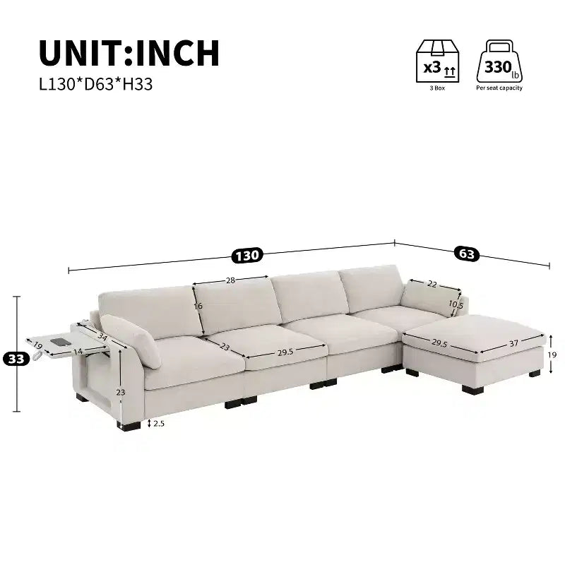 GDFStudio Lucas Canapé sectionnel modulaire en chenille en forme de L 130 avec pouf, RECHARGE DOUBLE PORT et table pliante