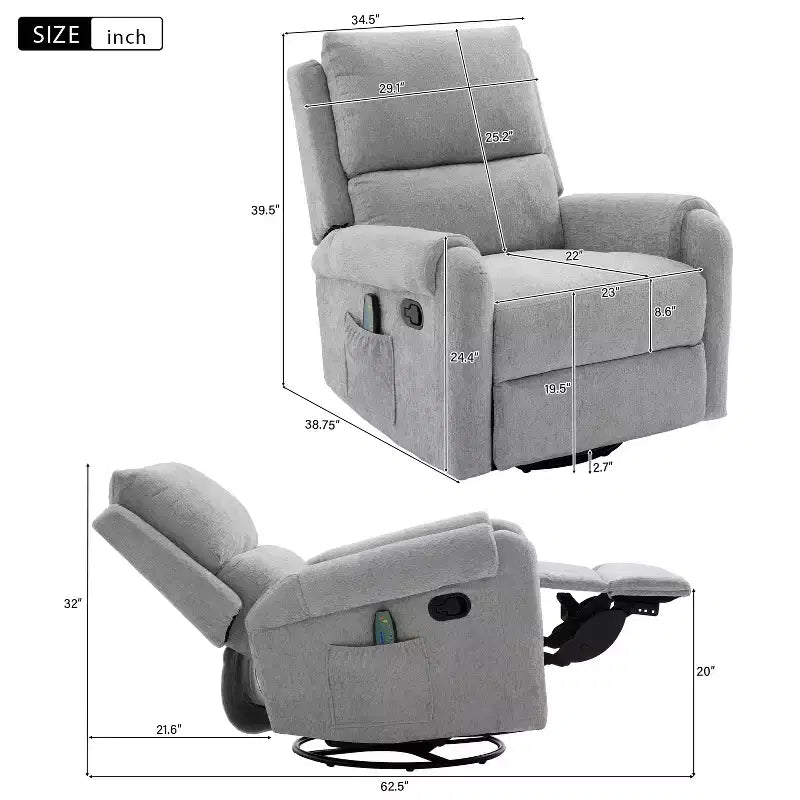 Fauteuil inclinable de massage en chenille pivotant et berçant moderne