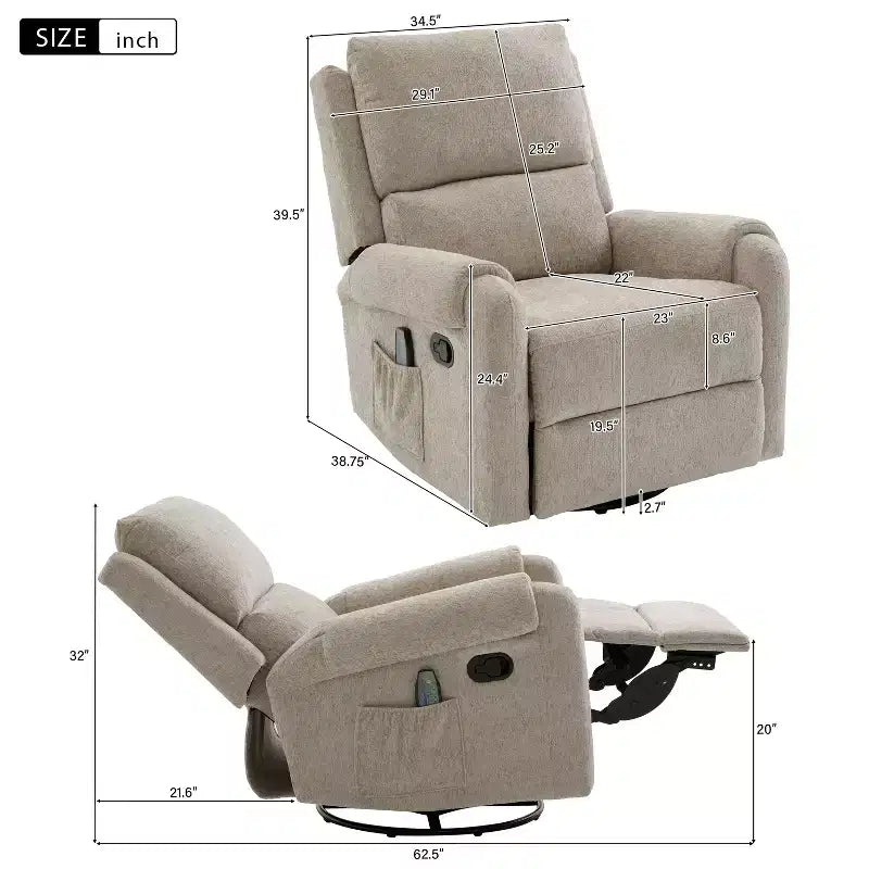 Fauteuil inclinable de massage en chenille pivotant et berçant moderne