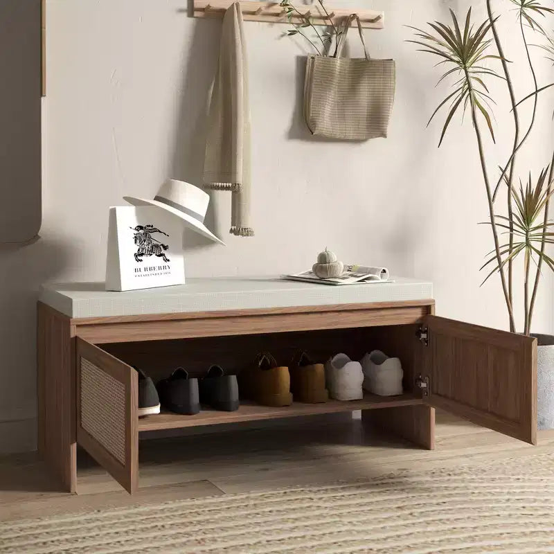 Banc à chaussures style bohème en rotin PP avec coussin, banc d'entrée robuste en bois pour s'asseoir et ranger, organiseur de chaussures à 2 portes