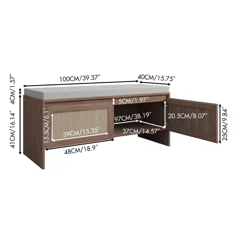 Banc à chaussures style bohème en rotin PP avec coussin, banc d'entrée robuste en bois pour s'asseoir et ranger, organiseur de chaussures à 2 portes