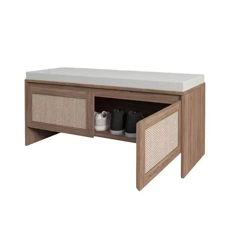 Banc à chaussures style bohème en rotin PP avec coussin, banc d'entrée robuste en bois pour s'asseoir et ranger, organiseur de chaussures à 2 portes