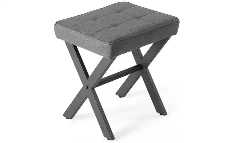 Repose-pieds ottoman moderne en lin avec pieds en métal en X, petit tabouret de coiffeuse avec coussin d'assise moelleux pour entrée, chambre et salon