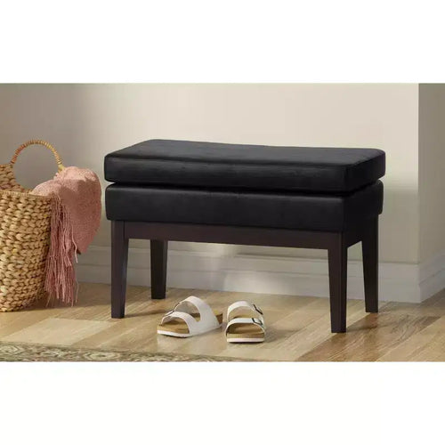 Banc ottoman étroit de 27 pouces de style milieu de siècle en similicuir vegan noir vieilli