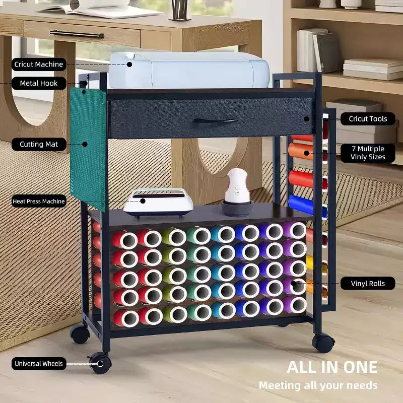 Chariot de rangement à roulettes pour travaux manuels, poste de travail avec tiroir en tissu, 47 porte-rouleaux de vinyle et crochets pour salle de loisirs créatifs