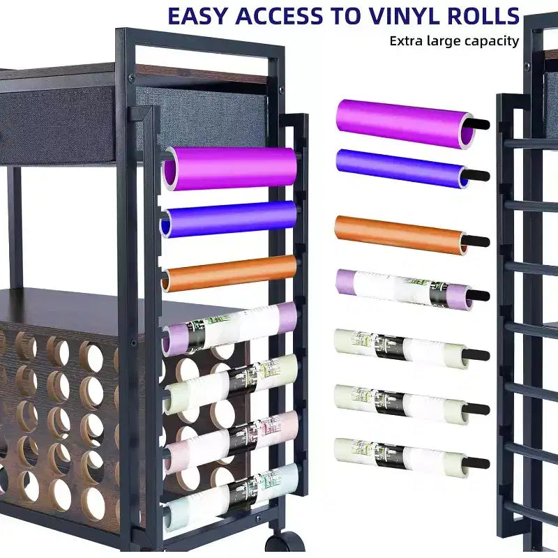 Chariot de rangement à roulettes pour travaux manuels, poste de travail avec tiroir en tissu, 47 porte-rouleaux de vinyle et crochets pour salle de loisirs créatifs