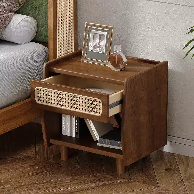 Table de chevet moderne en rotin avec 1 étagère ouverte et 1 tiroir