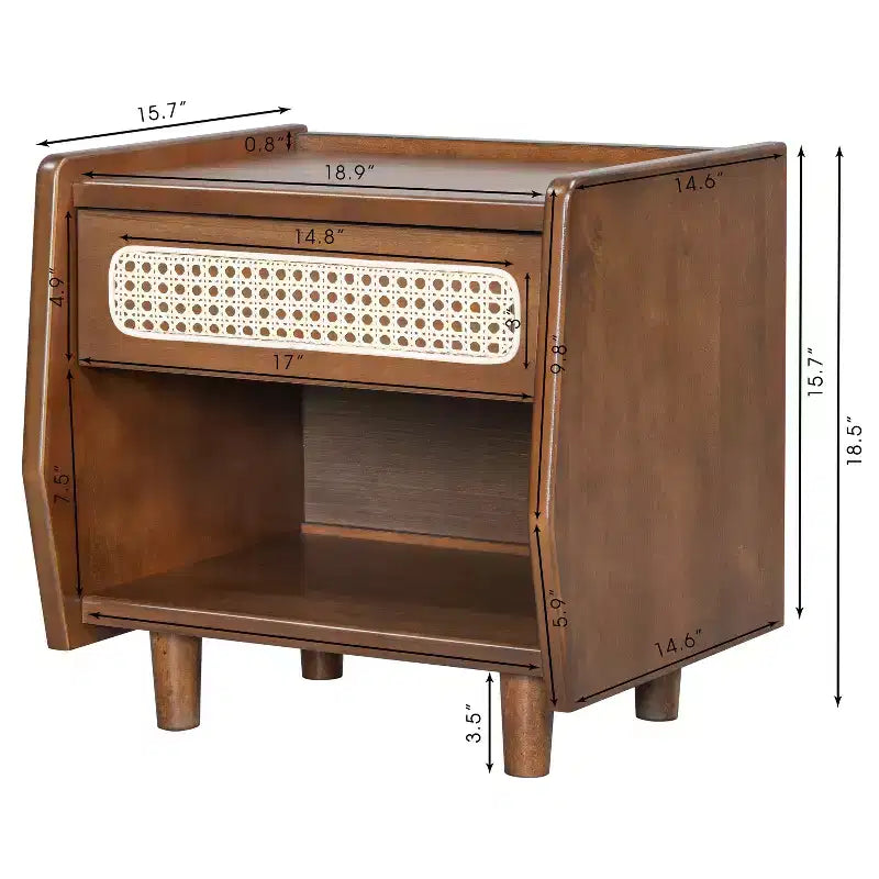Table de chevet moderne en rotin avec 1 étagère ouverte et 1 tiroir