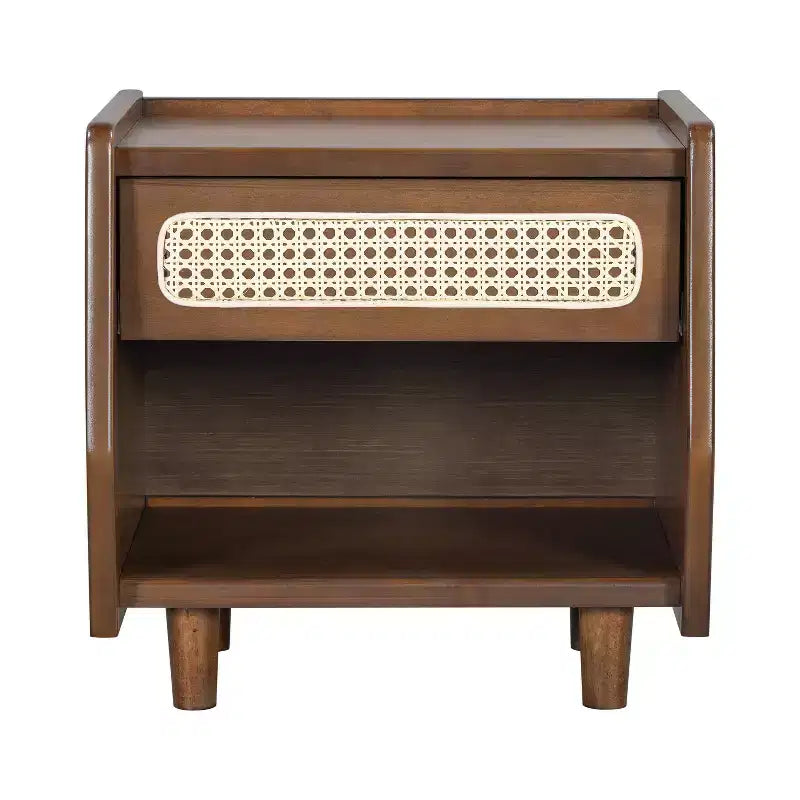 Table de chevet moderne en rotin avec 1 étagère ouverte et 1 tiroir