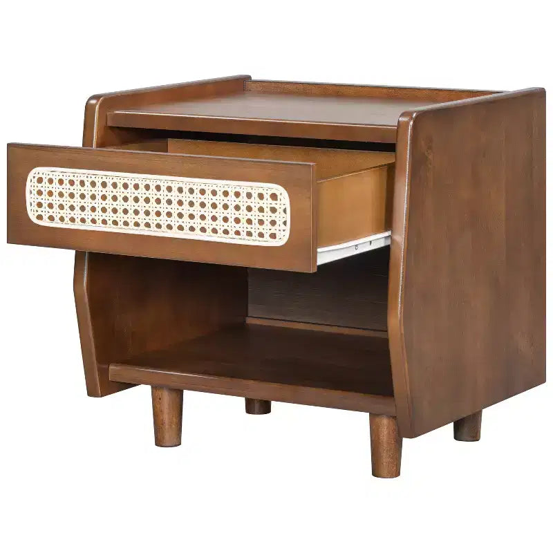 Table de chevet moderne en rotin avec 1 étagère ouverte et 1 tiroir