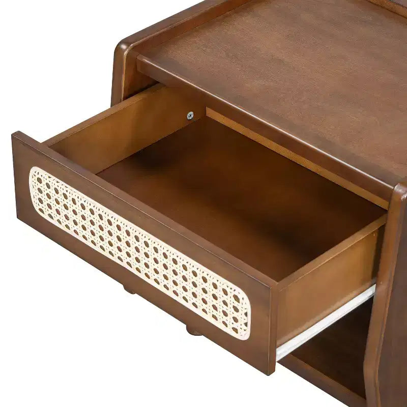 Table de chevet moderne en rotin avec 1 étagère ouverte et 1 tiroir