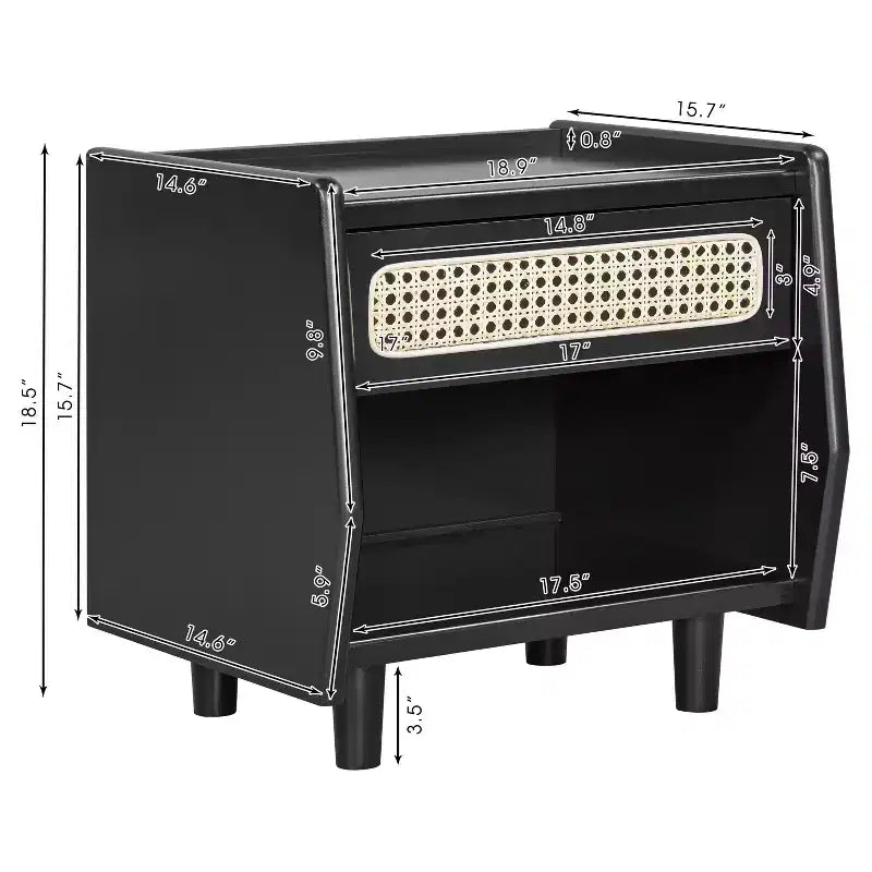 Table de chevet moderne en rotin avec 1 étagère ouverte et 1 tiroir