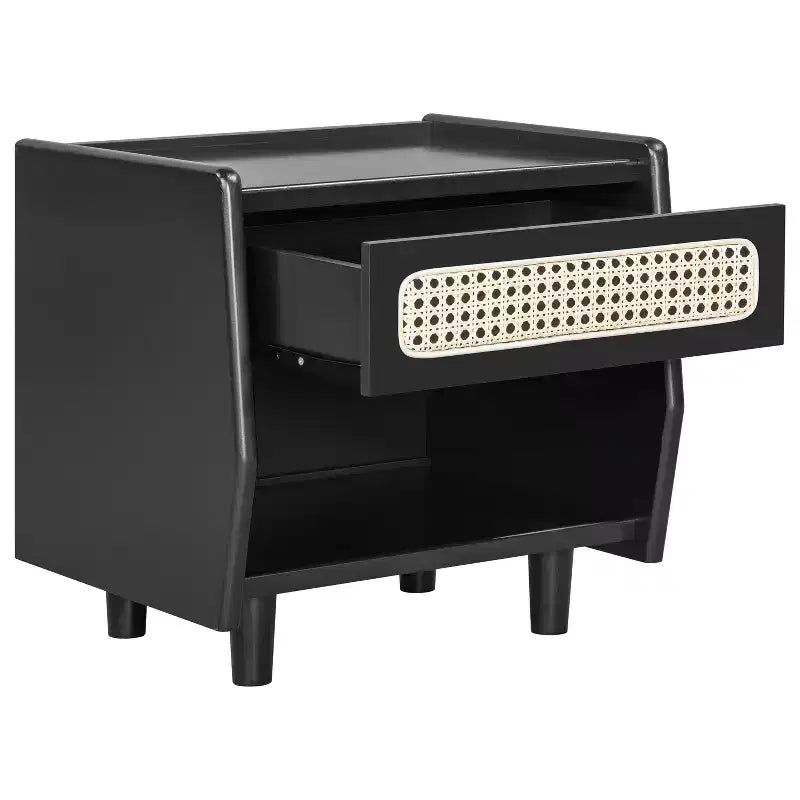 Table de chevet moderne en rotin avec 1 étagère ouverte et 1 tiroir