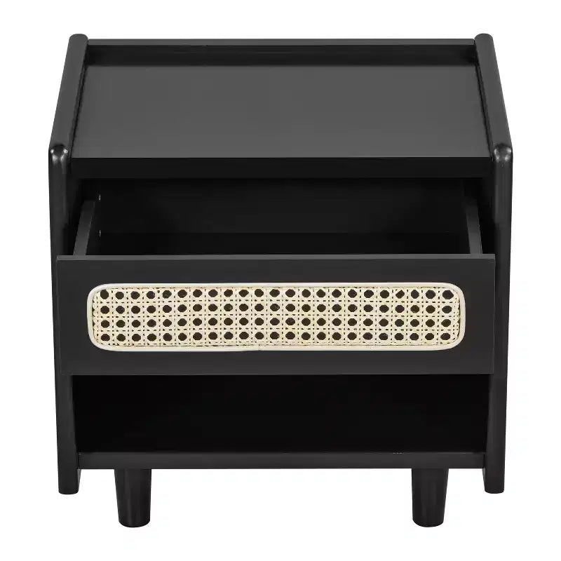 Table de chevet moderne en rotin avec 1 étagère ouverte et 1 tiroir