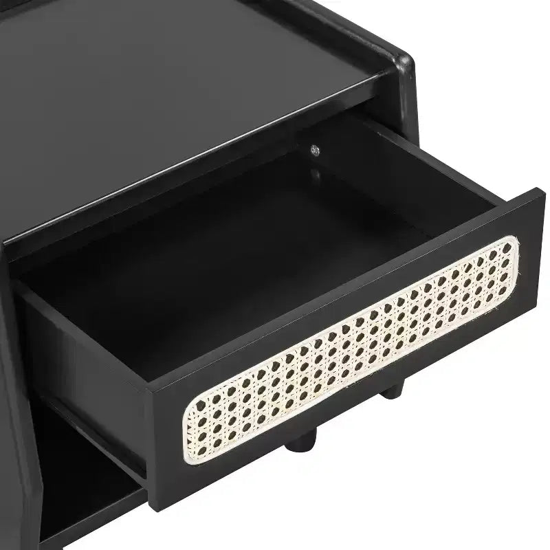 Table de chevet moderne en rotin avec 1 étagère ouverte et 1 tiroir