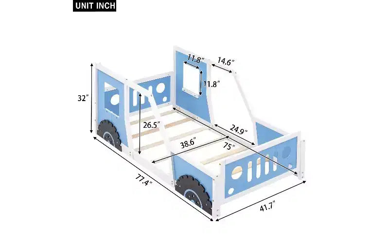 Cadre de lit au sol une place, cadre de lit plateforme classique en forme de voiture avec roues décoratives et portes latérales, lit enfant robuste en bois de pin