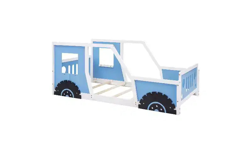 Cadre de lit au sol une place, cadre de lit plateforme classique en forme de voiture avec roues décoratives et portes latérales, lit enfant robuste en bois de pin