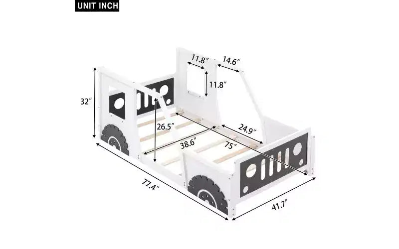 Cadre de lit au sol une place, cadre de lit plateforme classique en forme de voiture avec roues décoratives et portes latérales, lit enfant robuste en bois de pin