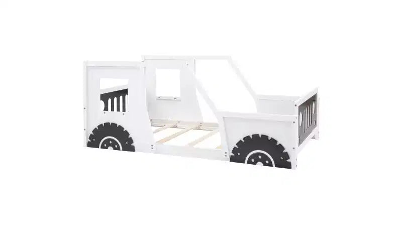 Cadre de lit au sol une place, cadre de lit plateforme classique en forme de voiture avec roues décoratives et portes latérales, lit enfant robuste en bois de pin