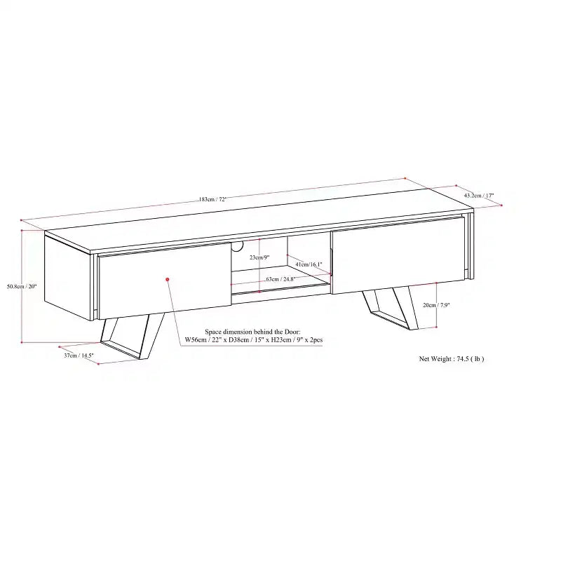 Meuble TV industriel moderne en bois massif de 183 cm de large pour TV jusqu'à 80 pouces