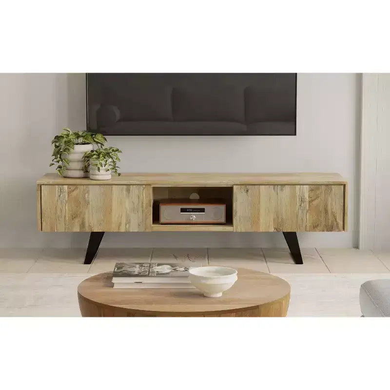 Meuble TV industriel moderne en bois massif de 183 cm de large pour TV jusqu'à 80 pouces