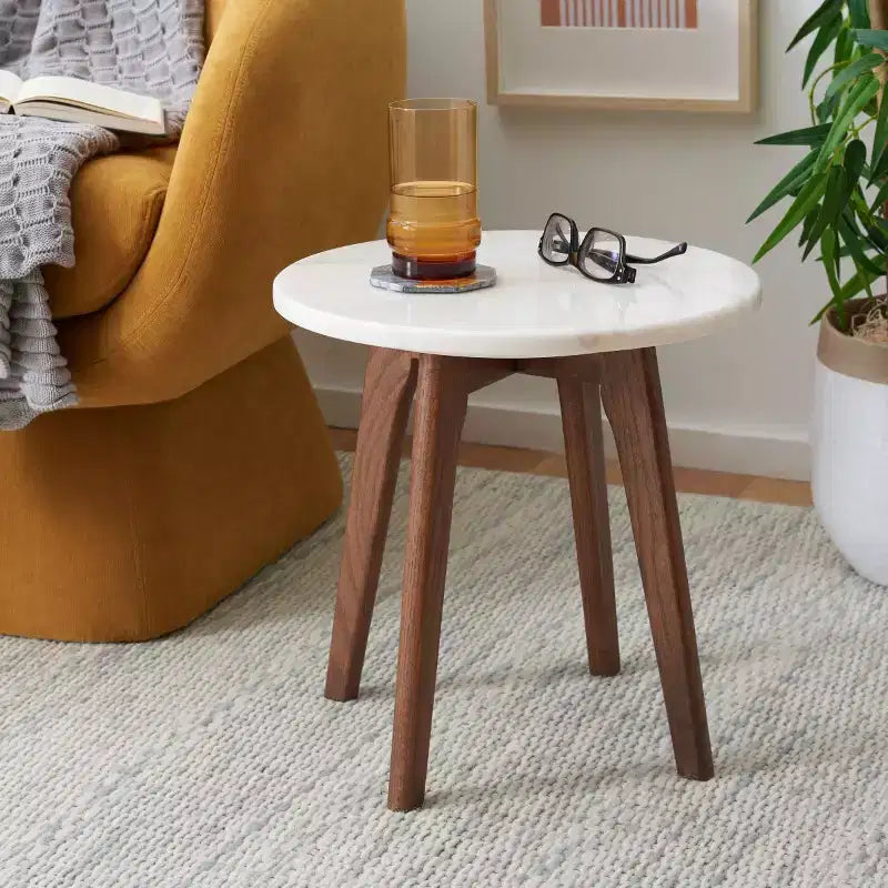Table d'appoint ronde en marbre - Marbre/Noyer