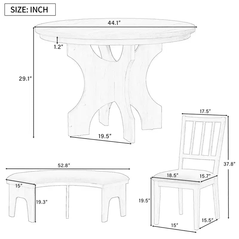 Ensemble de salle à manger rond 5 pièces rustique GDFStudio Agnes avec chaises rembourrées et banc incurvé