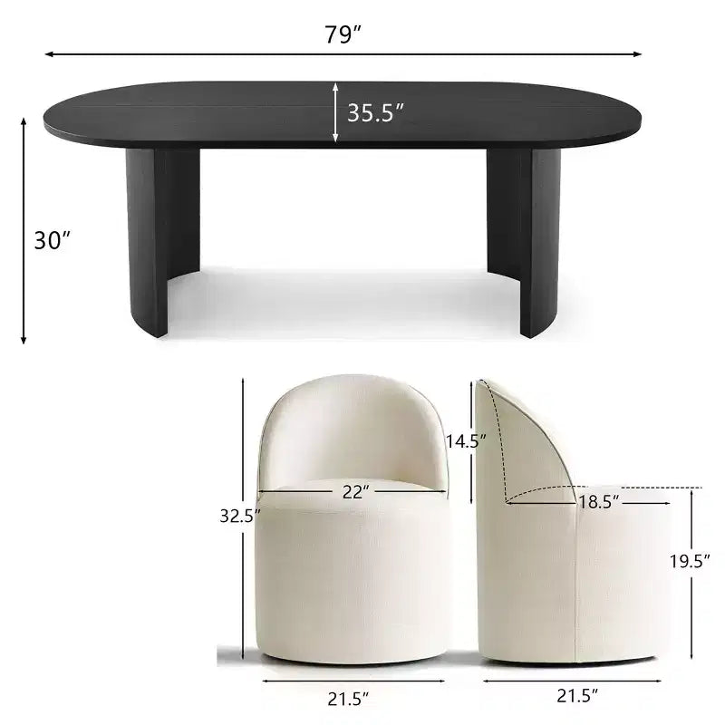 Ensemble Table à Manger pour 6 personnes, Table Ovale 79 et Chaises Tonneau Rembourrées en Tissu Lin avec Roulettes, pour la Salle à Manger-Panipeachy