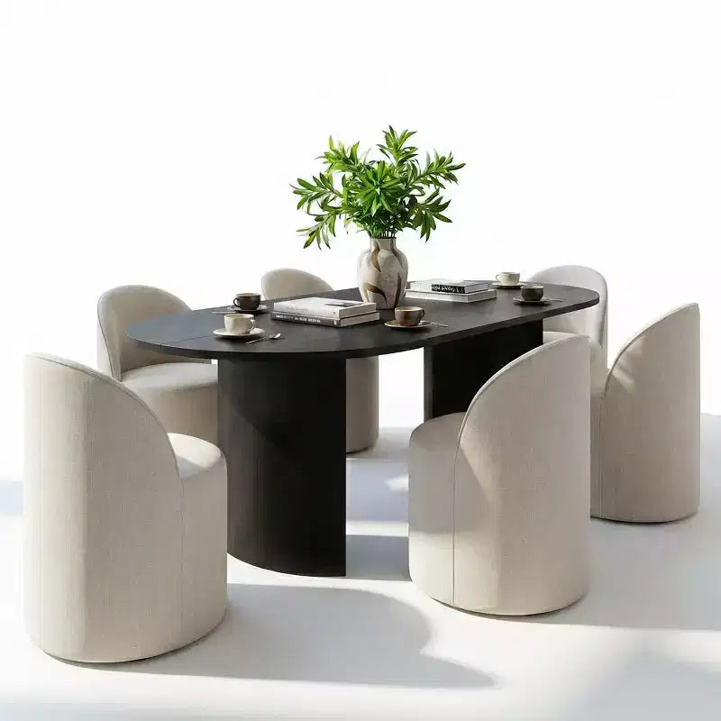 Ensemble Table à Manger pour 6 personnes, Table Ovale 79 et Chaises Tonneau Rembourrées en Tissu Lin avec Roulettes, pour la Salle à Manger-Panipeachy