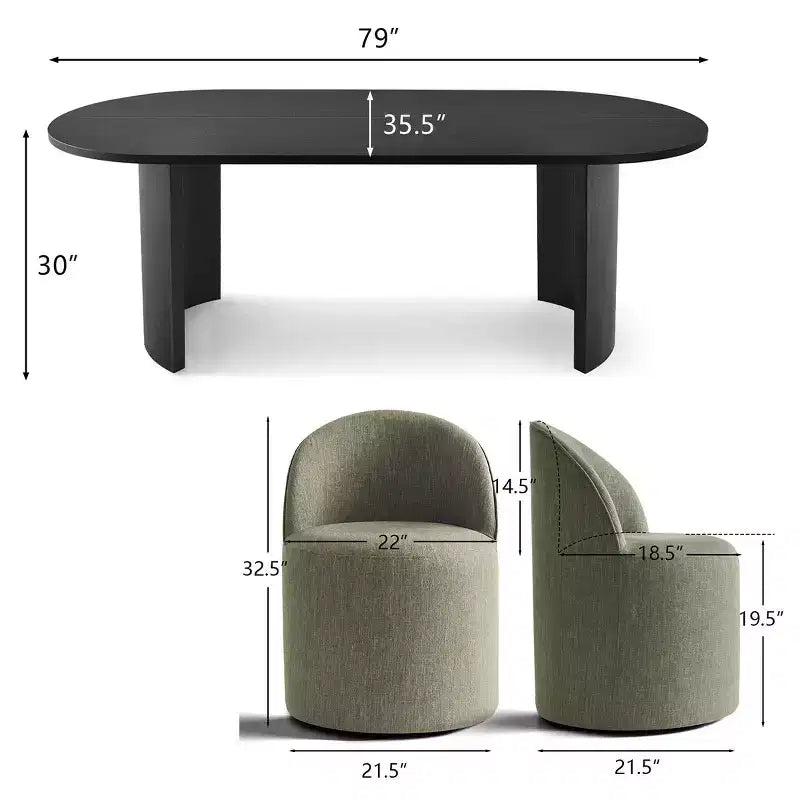 Ensemble Table à Manger pour 6 personnes, Table Ovale 79 et Chaises Tonneau Rembourrées en Tissu Lin avec Roulettes, pour la Salle à Manger-Panipeachy