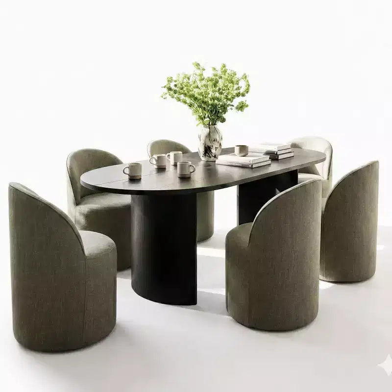 Ensemble Table à Manger pour 6 personnes, Table Ovale 79 et Chaises Tonneau Rembourrées en Tissu Lin avec Roulettes, pour la Salle à Manger-Panipeachy