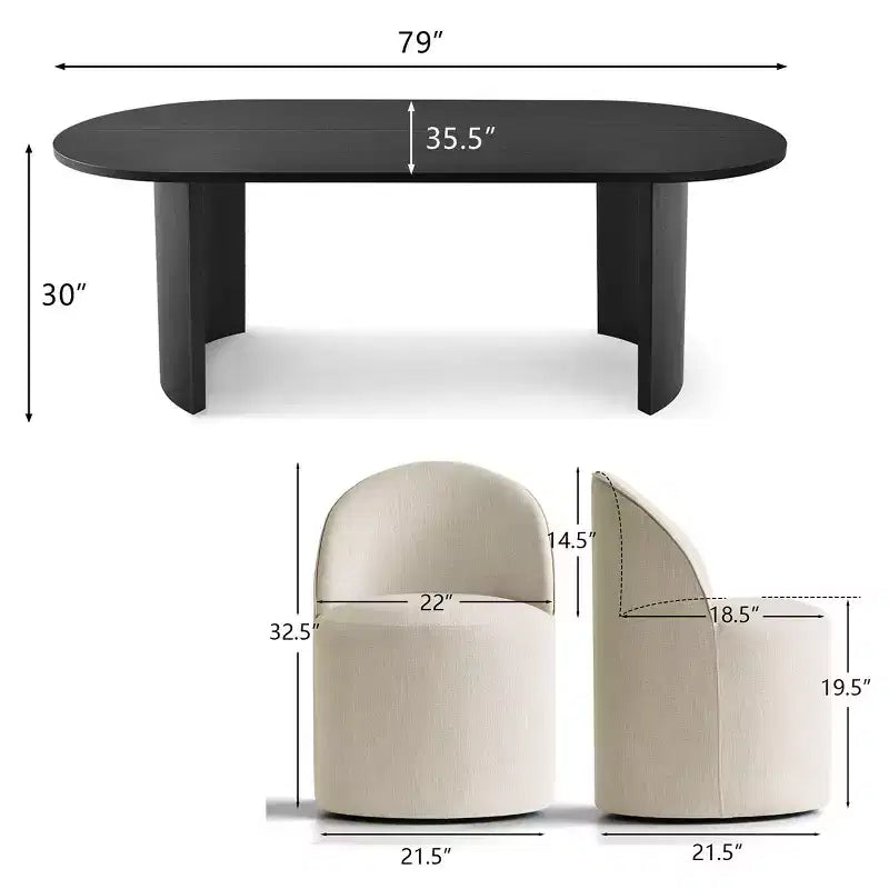 Ensemble Table à Manger pour 6 personnes, Table Ovale 79 et Chaises Tonneau Rembourrées en Tissu Lin avec Roulettes, pour la Salle à Manger-Panipeachy