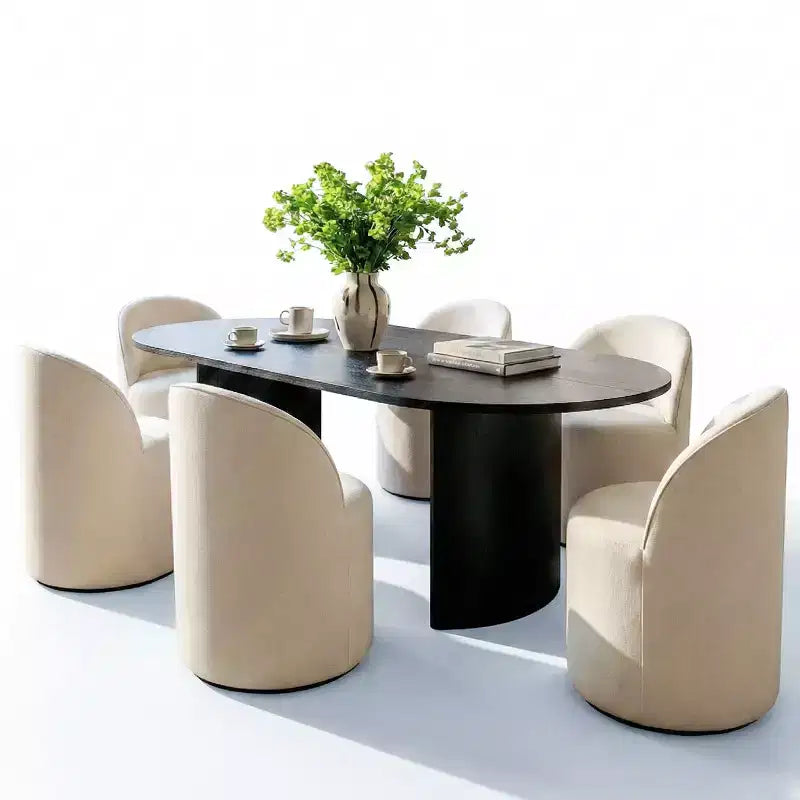 Ensemble Table à Manger pour 6 personnes, Table Ovale 79 et Chaises Tonneau Rembourrées en Tissu Lin avec Roulettes, pour la Salle à Manger-Panipeachy