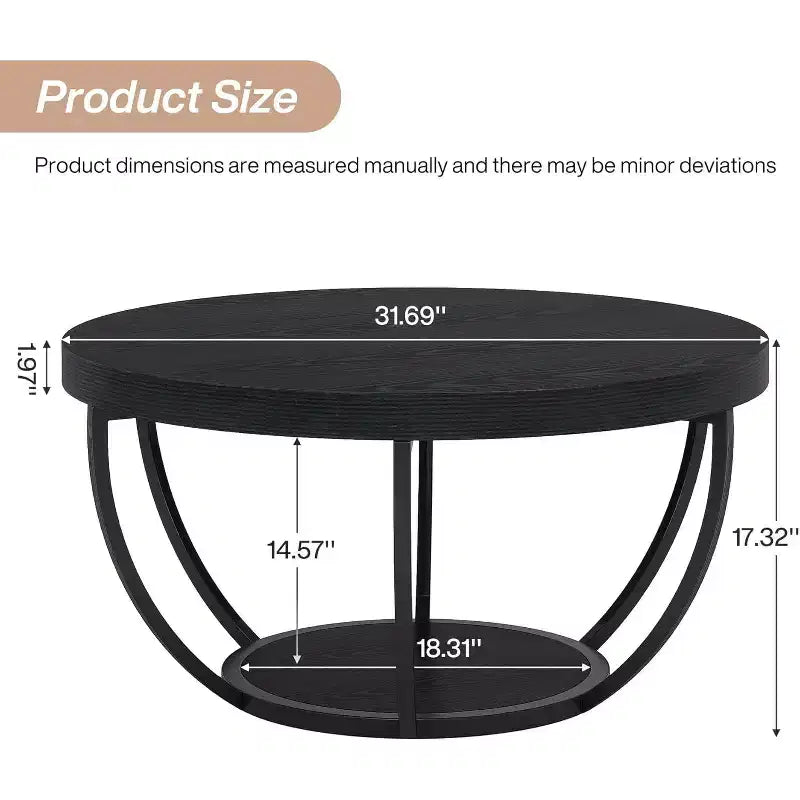 Table basse ronde, Table basse de ferme ronde de 32 pouces pour salon, Table d'appoint centrale moderne à 2 niveaux en bois avec étagères ouvertes de rangement, Noir