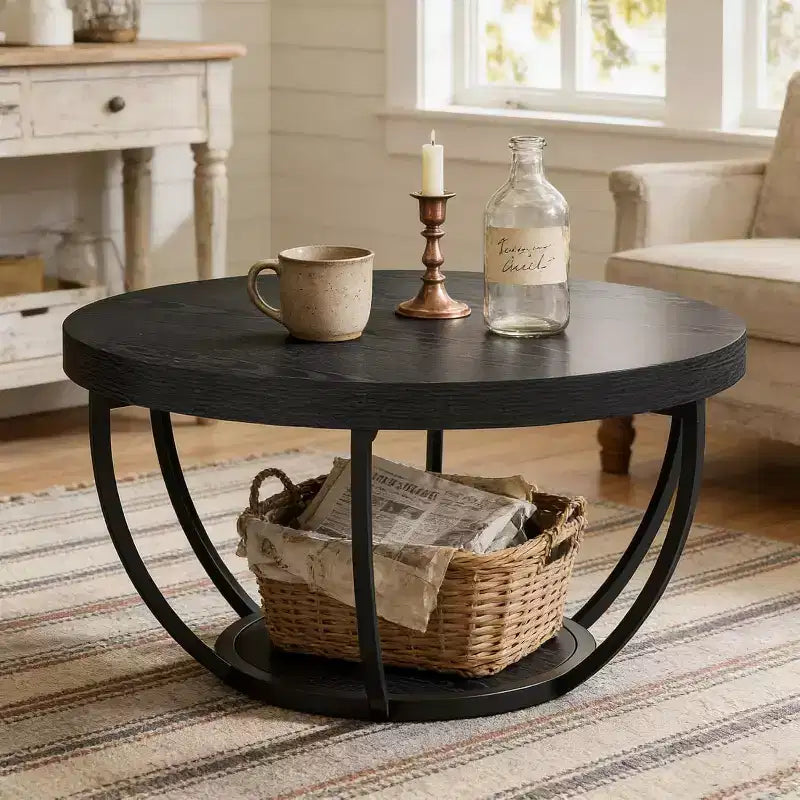 Table basse ronde, Table basse de ferme ronde de 32 pouces pour salon, Table d'appoint centrale moderne à 2 niveaux en bois avec étagères ouvertes de rangement, Noir