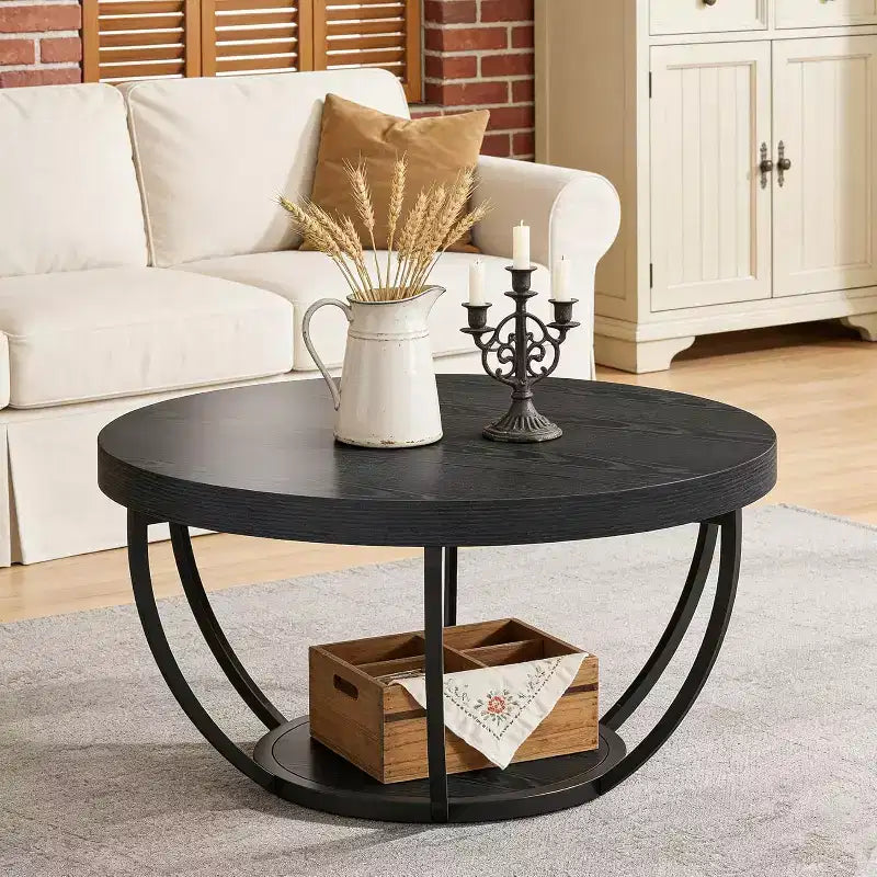 Table basse ronde, Table basse de ferme ronde de 32 pouces pour salon, Table d'appoint centrale moderne à 2 niveaux en bois avec étagères ouvertes de rangement, Noir