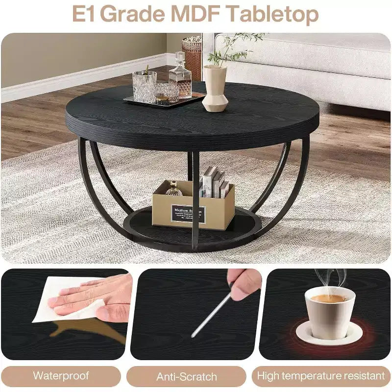 Table basse ronde, Table basse de ferme ronde de 32 pouces pour salon, Table d'appoint centrale moderne à 2 niveaux en bois avec étagères ouvertes de rangement, Noir