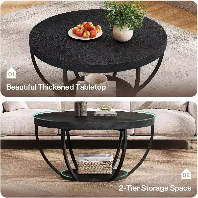 Table basse ronde, Table basse de ferme ronde de 32 pouces pour salon, Table d'appoint centrale moderne à 2 niveaux en bois avec étagères ouvertes de rangement, Noir