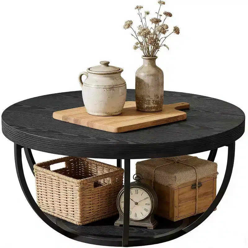 Table basse ronde, Table basse de ferme ronde de 32 pouces pour salon, Table d'appoint centrale moderne à 2 niveaux en bois avec étagères ouvertes de rangement, Noir