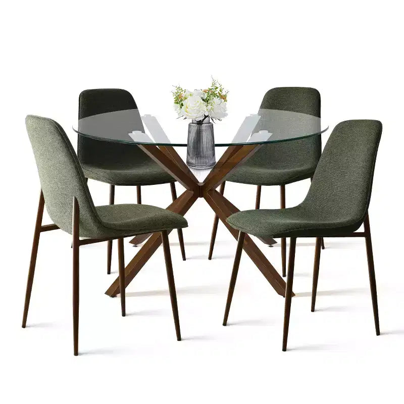 Olive+Oslo Ensemble de salle à manger 5 pièces pour 4, Table à manger ronde en verre avec 4 chaises de salle à manger rembourrées Pieds noyer-Panipeachy