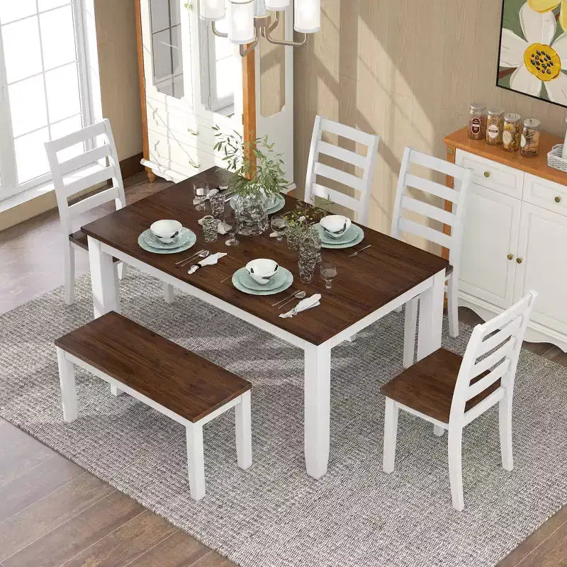 Ensemble de salle à manger 6 pièces en bois pour 6 personnes, table à manger rectangulaire avec 4 chaises rembourrées et un banc