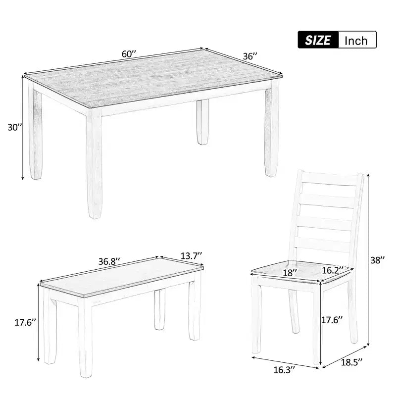 Ensemble de salle à manger 6 pièces en bois pour 6 personnes, table à manger rectangulaire avec 4 chaises rembourrées et un banc