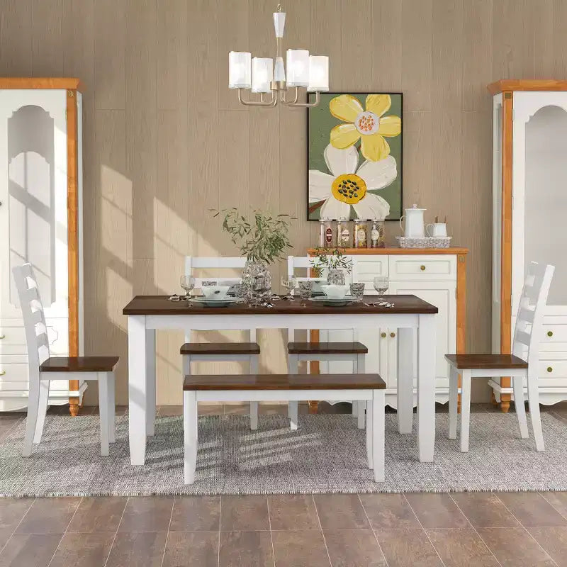 Ensemble de salle à manger 6 pièces en bois pour 6 personnes, table à manger rectangulaire avec 4 chaises rembourrées et un banc