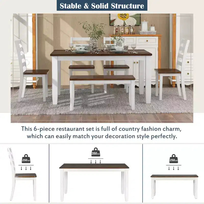 Ensemble de salle à manger 6 pièces en bois pour 6 personnes, table à manger rectangulaire avec 4 chaises rembourrées et un banc