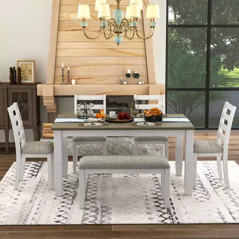 Ensemble de salle à manger 6 pièces en bois pour 6 personnes, table à manger rectangulaire avec 4 chaises rembourrées et un banc