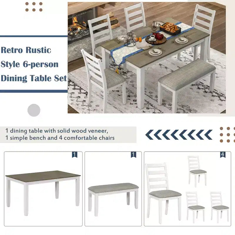 Ensemble de salle à manger 6 pièces en bois pour 6 personnes, table à manger rectangulaire avec 4 chaises rembourrées et un banc