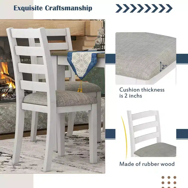Ensemble de salle à manger 6 pièces en bois pour 6 personnes, table à manger rectangulaire avec 4 chaises rembourrées et un banc
