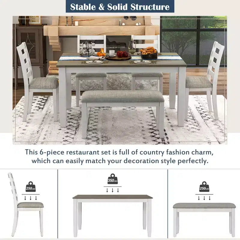 Ensemble de salle à manger 6 pièces en bois pour 6 personnes, table à manger rectangulaire avec 4 chaises rembourrées et un banc