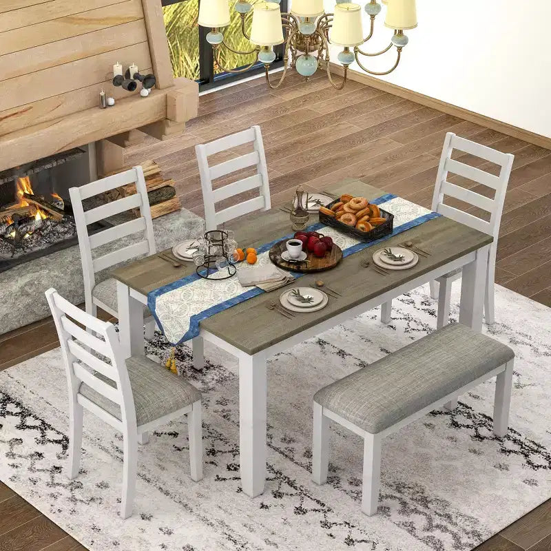 6 Pieces Wood Dining Room Table Set for 6, Rectangle Dining Table with 4 Upholstered Chairs and Bench